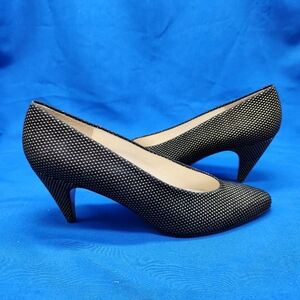 VTG Evan Picone Womens Size 8.5 Narrow Black/Gold Diamond Print Suede Pump Heels